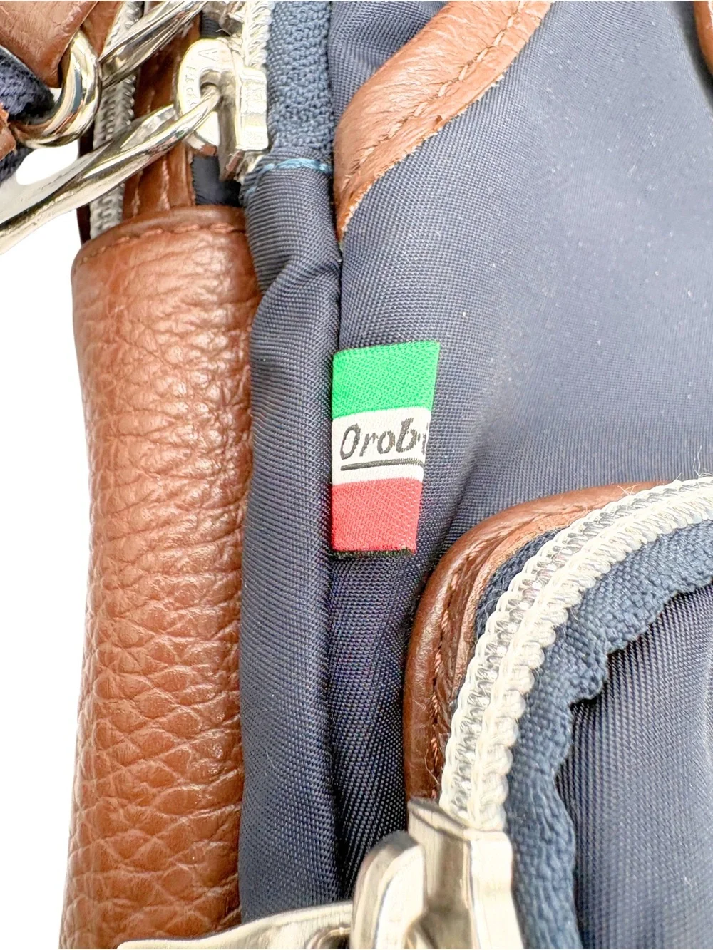 Orobianco Navy Nylon & Brown Leather Crossbody Sling Bag Made in Italy
